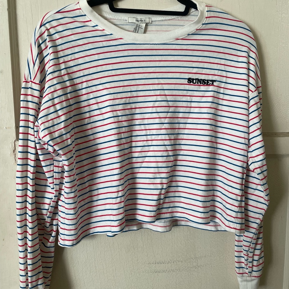 Forever 21- White striped long sleeve crop top